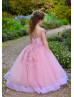 Mauve Lace Tulle V Back Floor Length Flower Girl Dress